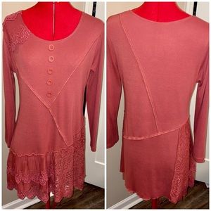 PRETTY ANGEL APRICOT ORANGE JERSEY KNIT TUNIC TOP DRESS LACE RAW EDGE FLOUNCE S